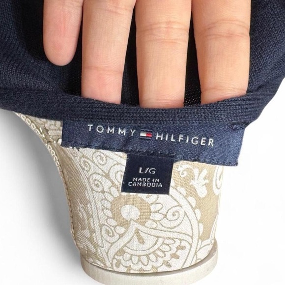 Tommy Hilfiger Navy Blue White Polka Dot V Neck 100% Cotton Sweater Size Large - Picture 5 of 6